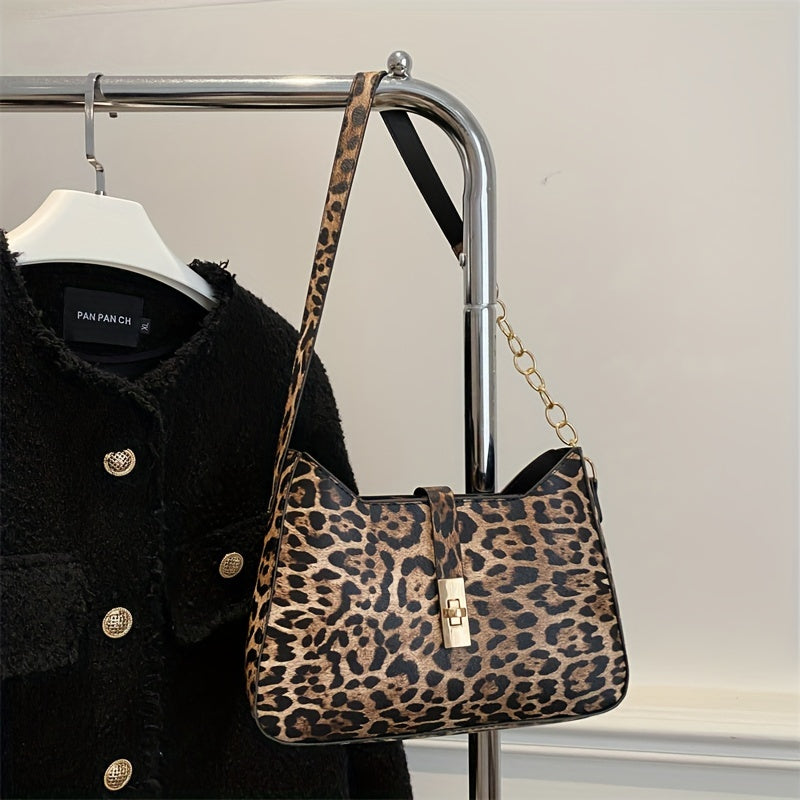 Leopard Print Faux Leather Shoulder Bag with Zipper Closure and Classic Clasp