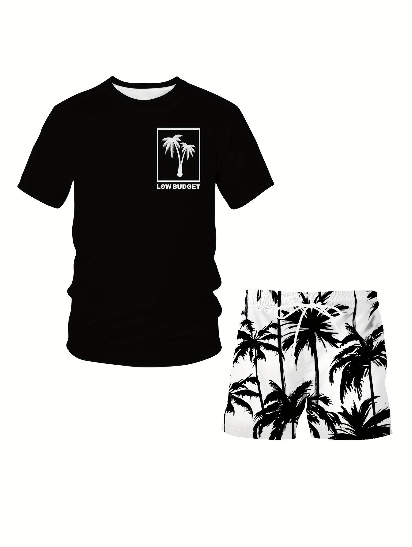 Men's Casual Outfit Set Polyester Cartoon Print Crew Neck T-Shirt and Shorts