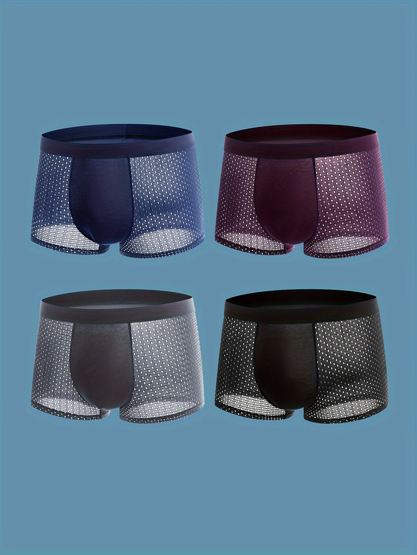 Set de 4 bóxers de malla transpirable para hombre, de color sólido semi-translúcido, con alto contenido de elastano en poliéster