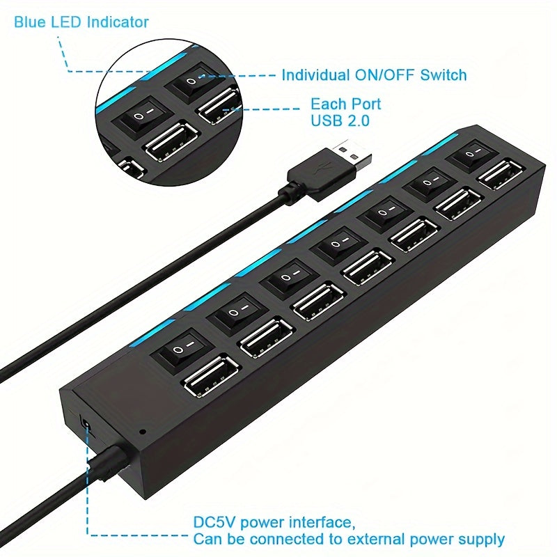 High-Speed USB 2.0 Hub 4/7 Ports with Power Adapter and 30cm Cable Black or White