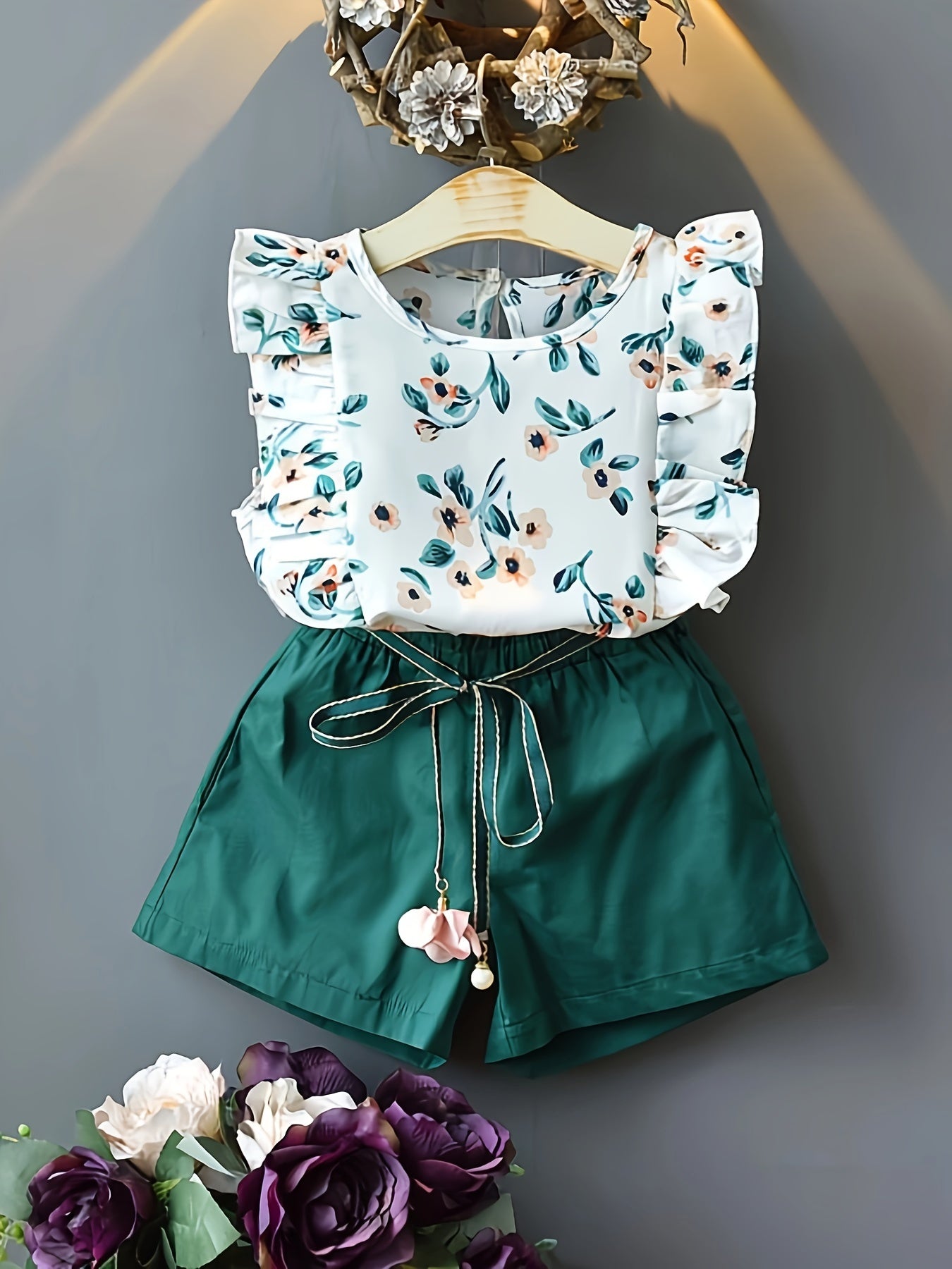 Girls Summer Floral Chiffon Top and Shorts Set with Belt