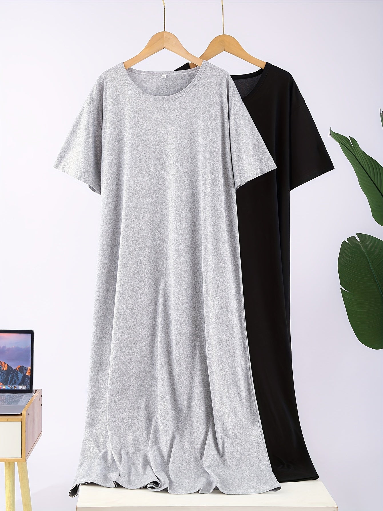 Women's Plus Size Sleep Dress Set, Short Sleeve, Solid Nightwear