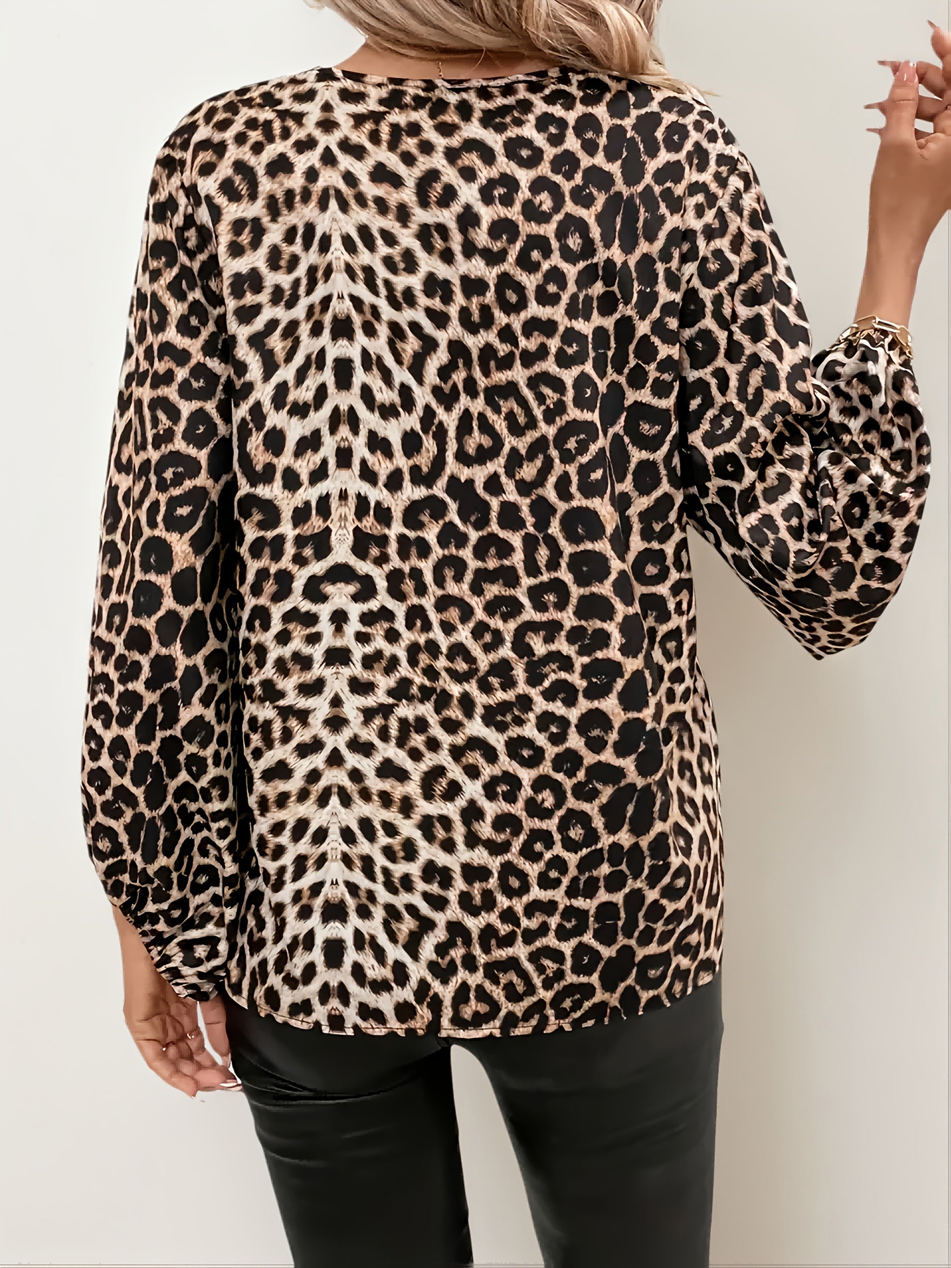 Women Leopard Print V-Neck Blouse with Lantern Sleeves and Cinched Waist