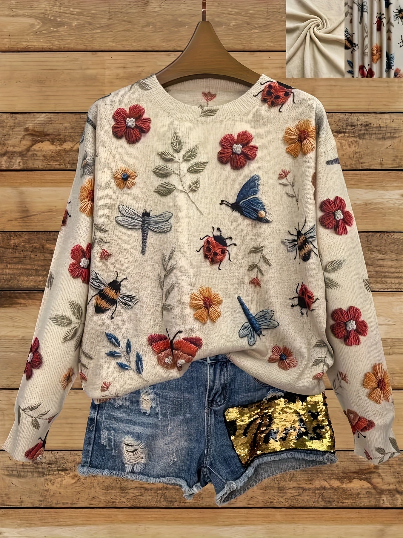 Women's Floral Butterfly Pattern Sweater Thick Knit Plus Size