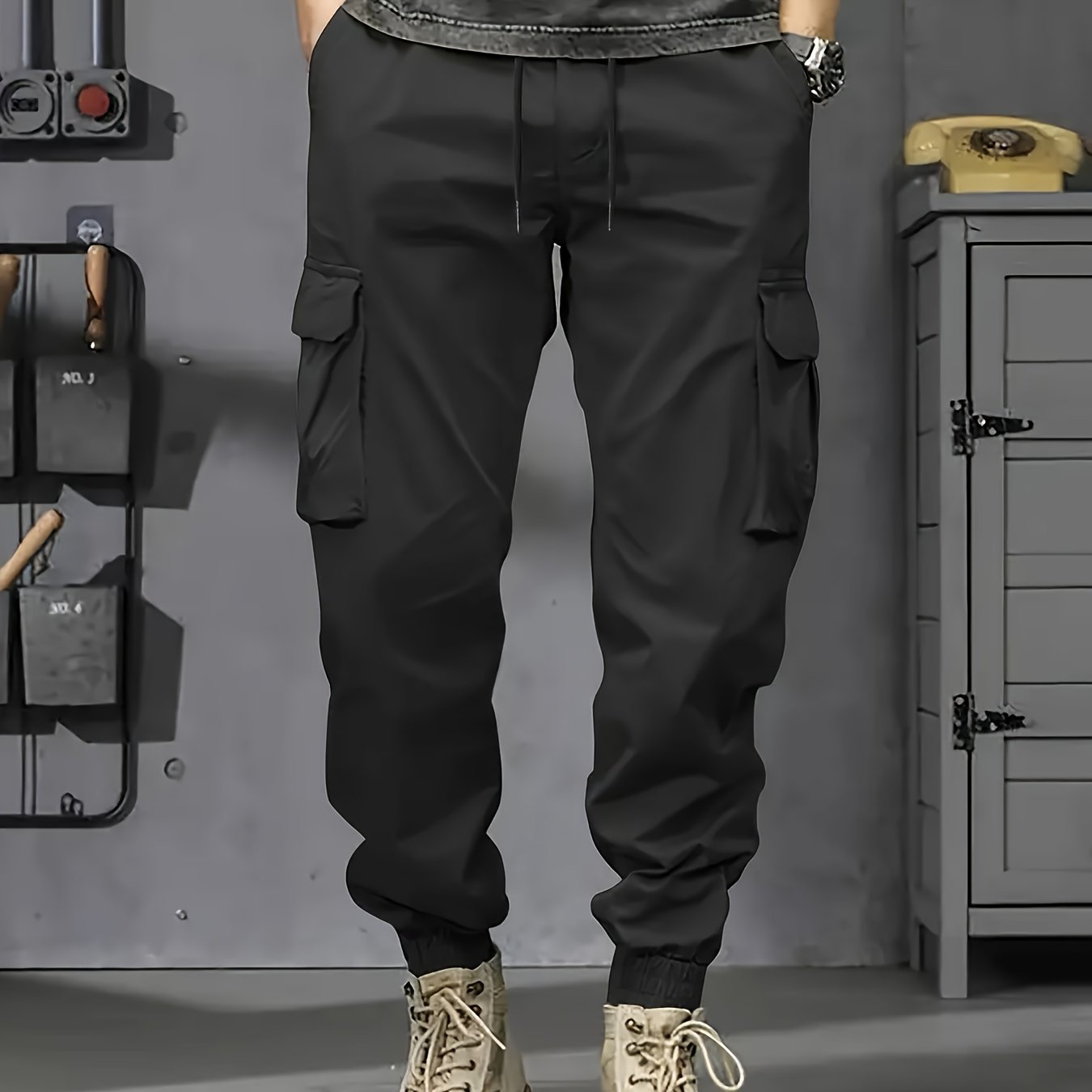 Men's Polyester Cargo Pants with Multiple Pockets, Casual and Workwear, Plus Sizes