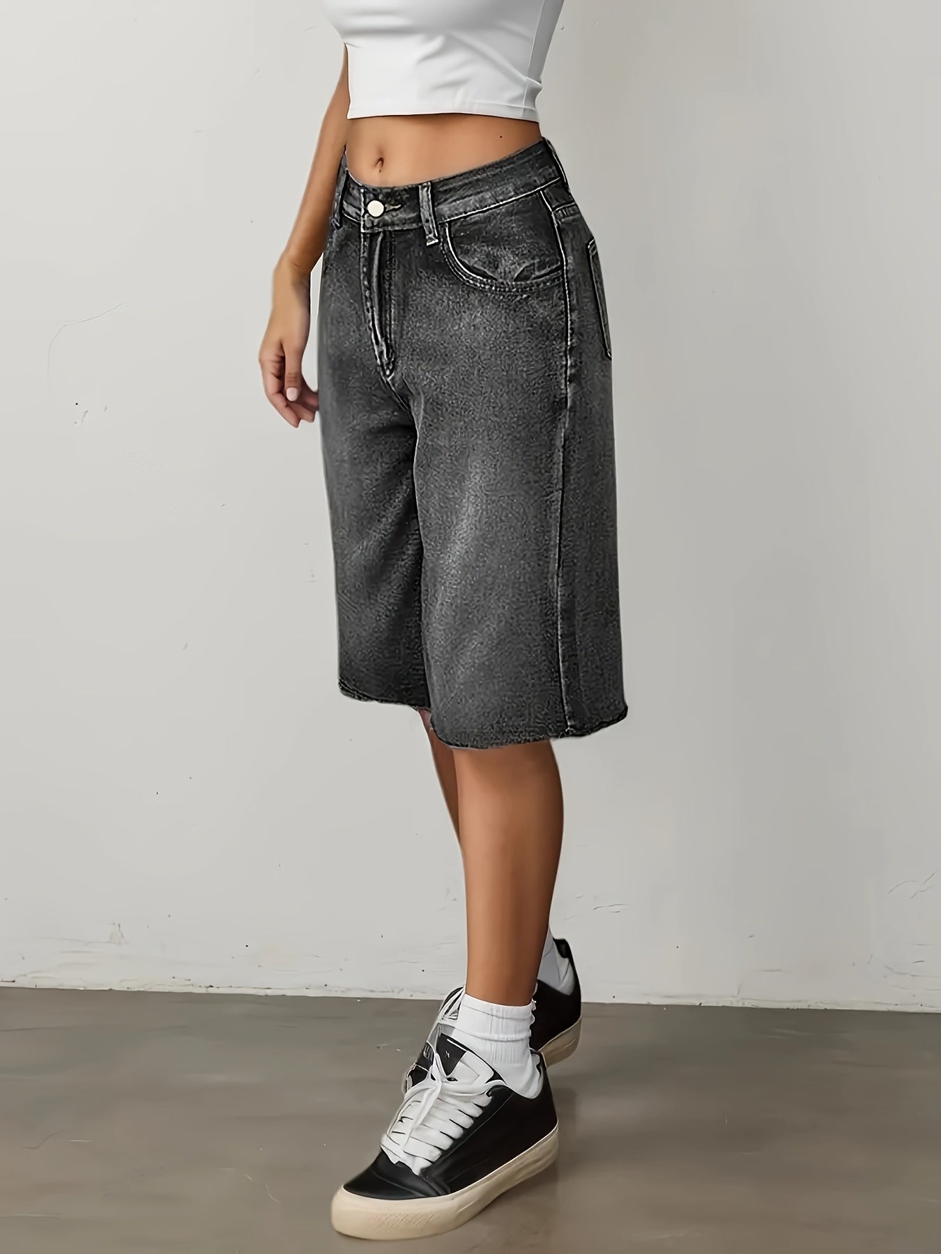 Plus Size Women's Denim Shorts Water-Washed Blue Frayed Hem Casual