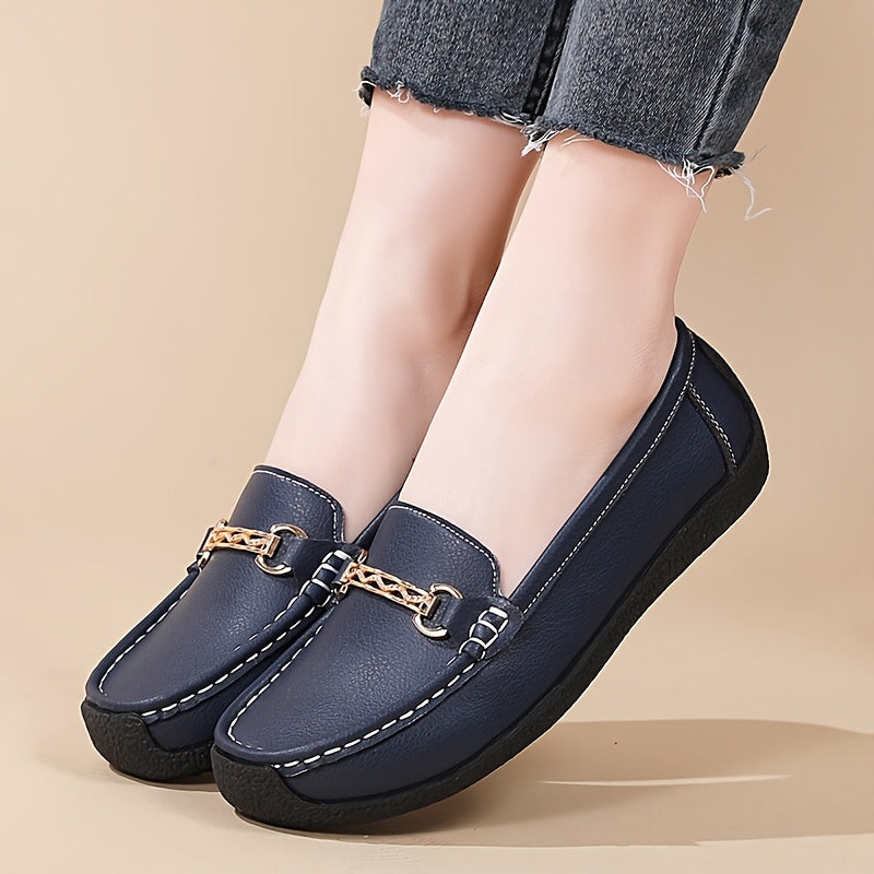 Women's Faux Leather Slip-On Loafers with Golden Chain Accents for Casual All-Season Use