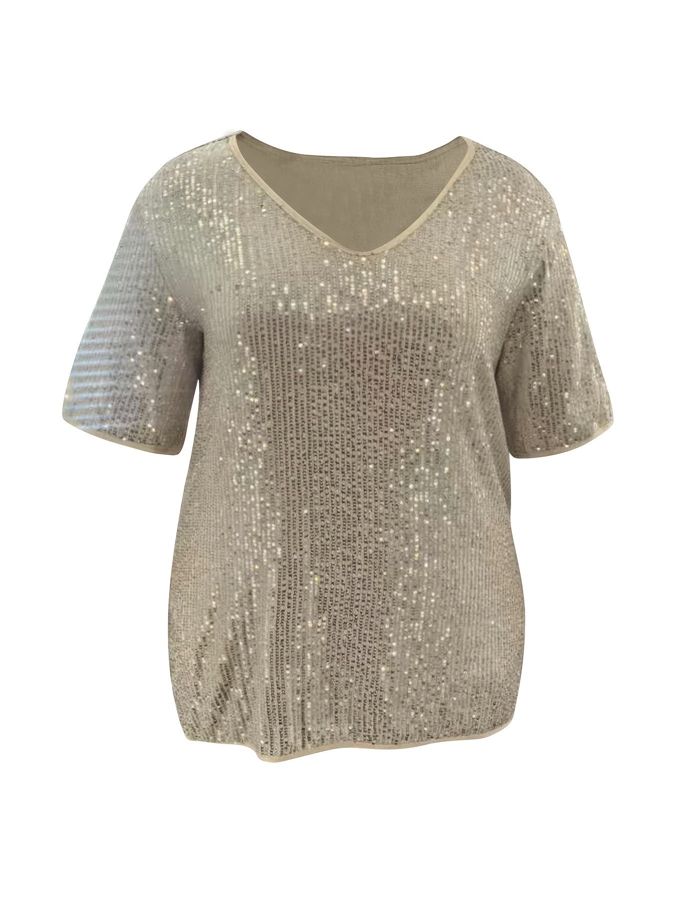 Plus Size Sequin V-Neck Blouse in Gold Yellow Polyester Short Sleeve Elegant
