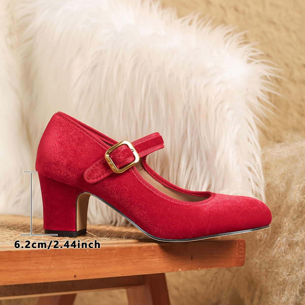 Women Velvet Mary Jane Pumps Adjustable Strap Chunky Heel Brown