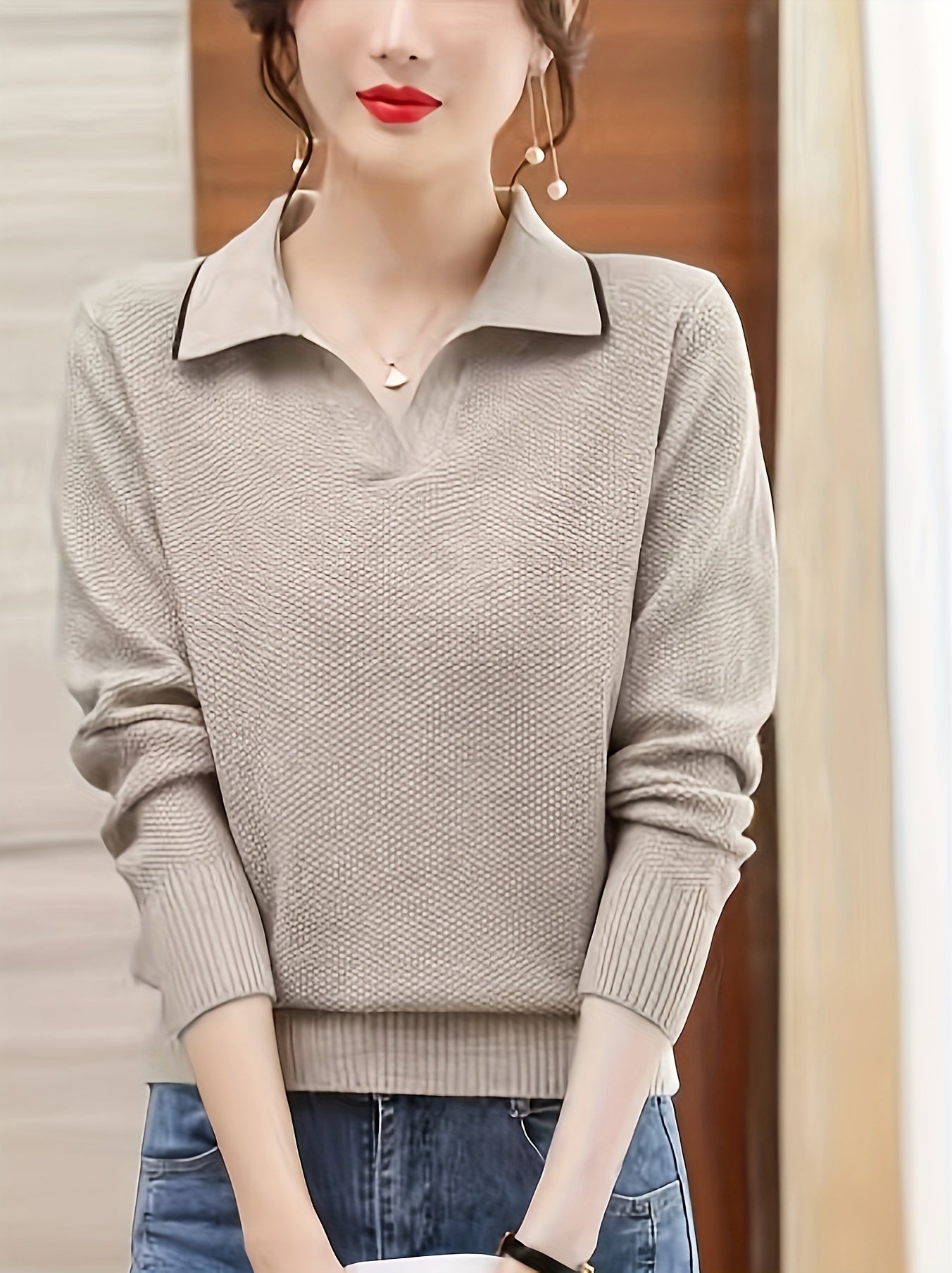 Women's Plus Size Knitted Sweater with Contrast Trim Long Sleeve Casual Collared