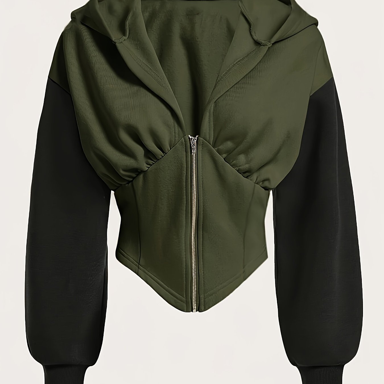 Ayollar uchun zamonaviy qora fermuarlı kapüşon, chiroyli yig'ilgan ko'krak dizayni, uzun yenglar, mashinada yuvish mumkin bo'lgan polyester, kuz/qish modasi uchun ideal.