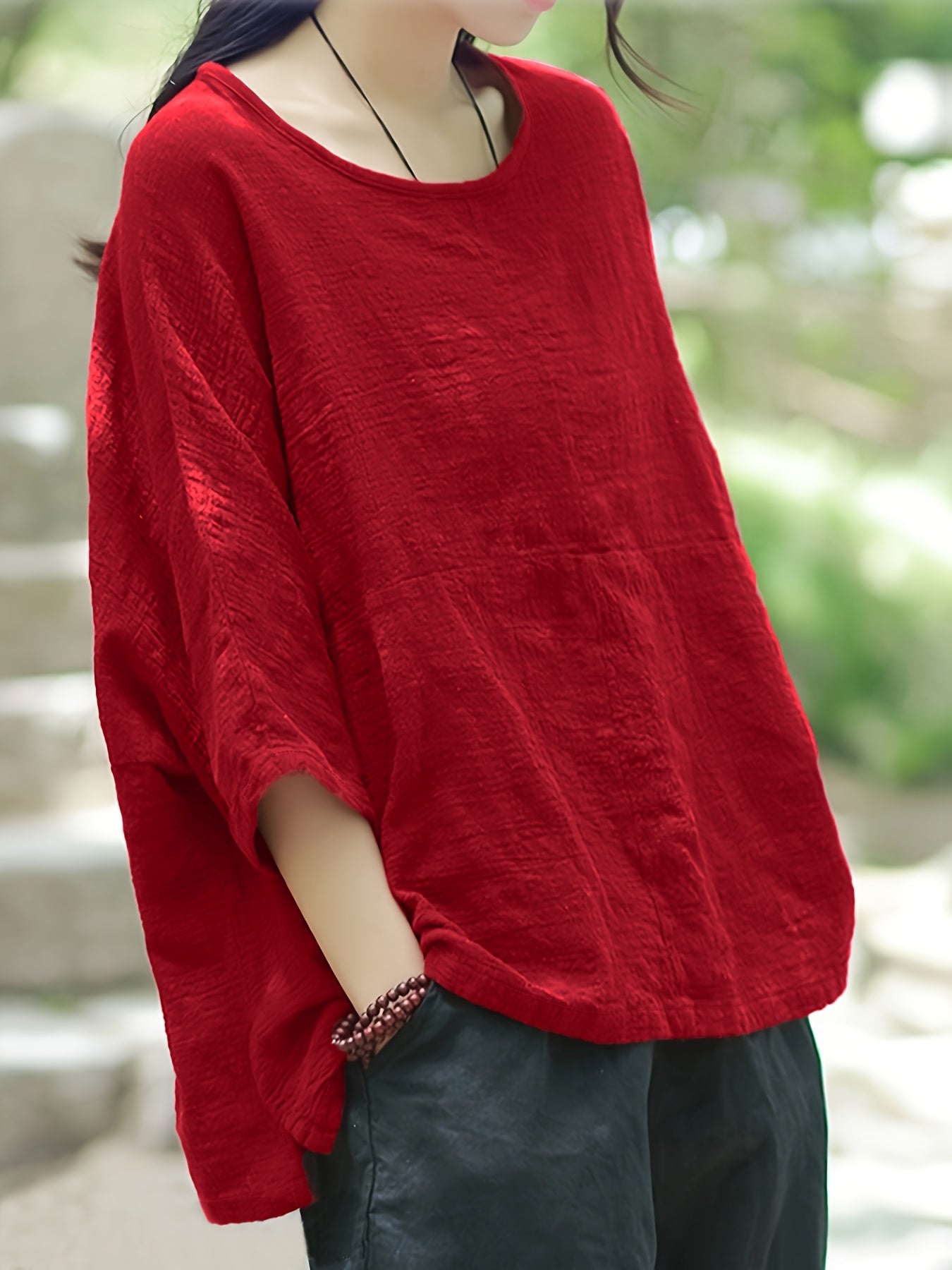 Plus o'lcham ayollar bluzasi, yengil, bir rangli, uzun yengli, bo'lakli ko'ylak