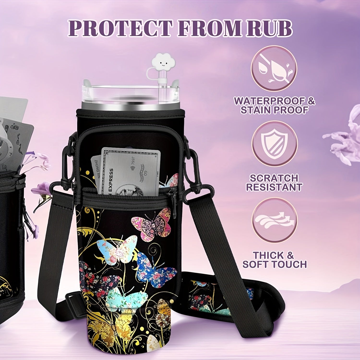 Black Neoprene Cup Holder with Phone Pocket for 40oz Bottles Scratch-Resistant PVC-Free