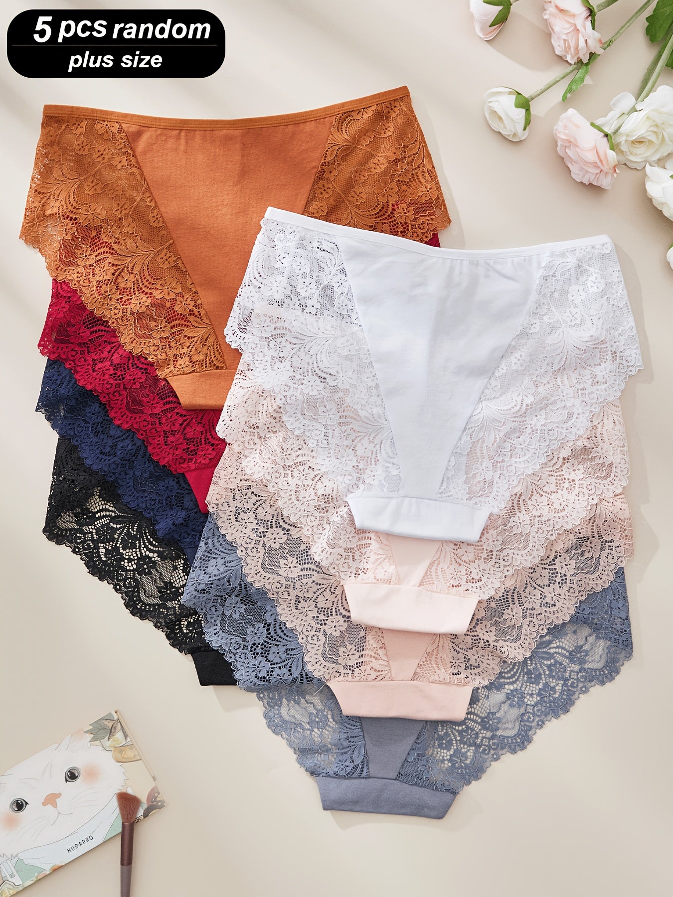 Pack de 5 calzoncillos de encaje de talla grande con patrón floral, de tiro medio, en colores surtidos