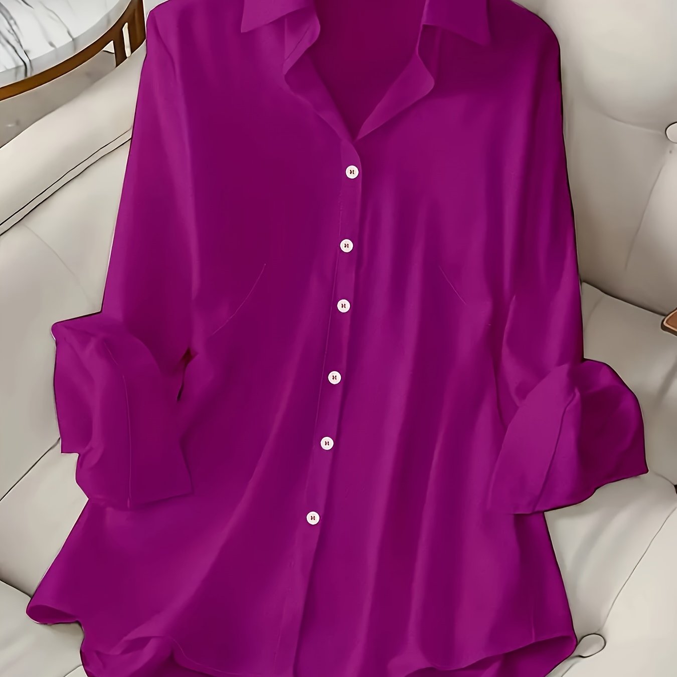 Women's Plus Size Satin-Like Purple Button-Up Shirt Long Sleeve Casual Elegant