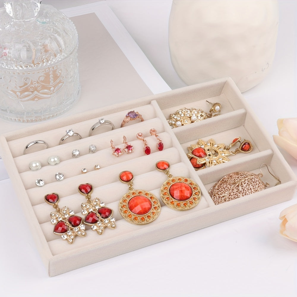 Beige Velvet Jewelry Organizer Tray for Earrings Rings and Accessories Storage