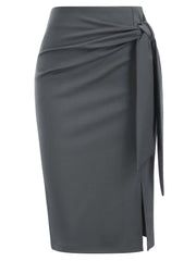 Women's High-Waisted Knee-Length Skirt with Bow and Slit in Solid Color