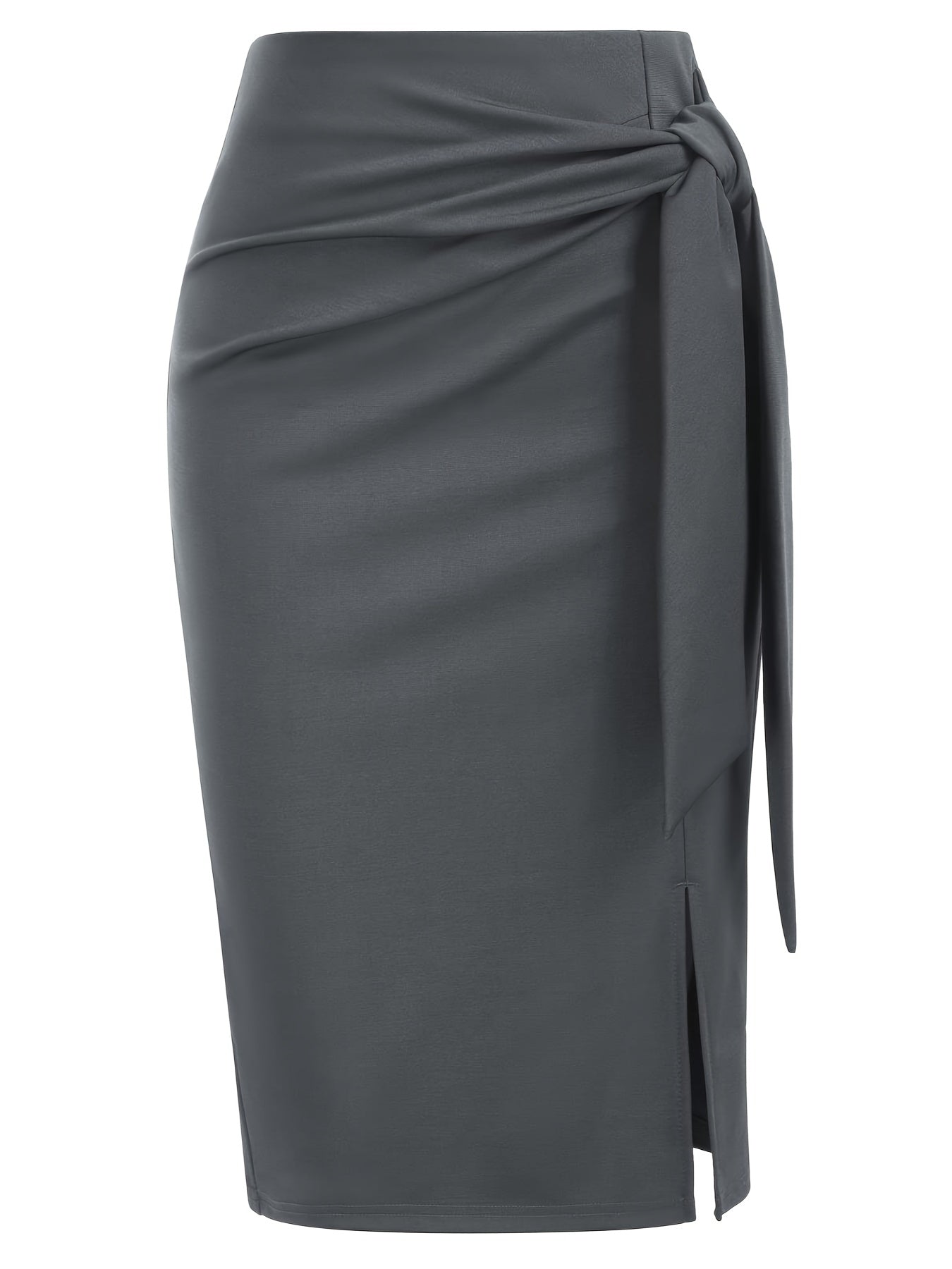 Women's High-Waisted Knee-Length Skirt with Bow and Slit in Solid Color
