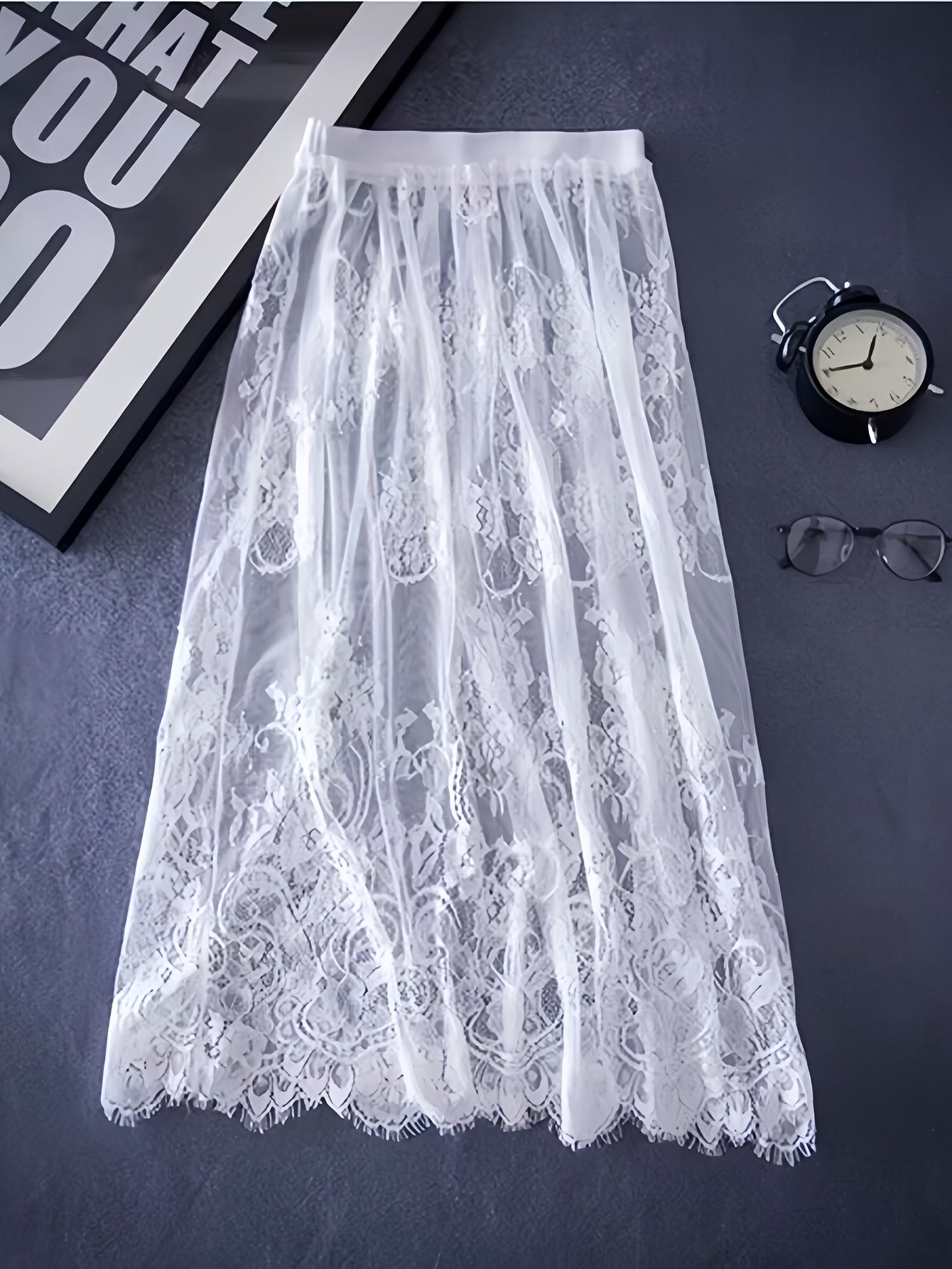 Women's Lace Layered Midi Skirt Black Sheer Mesh Formal Casual