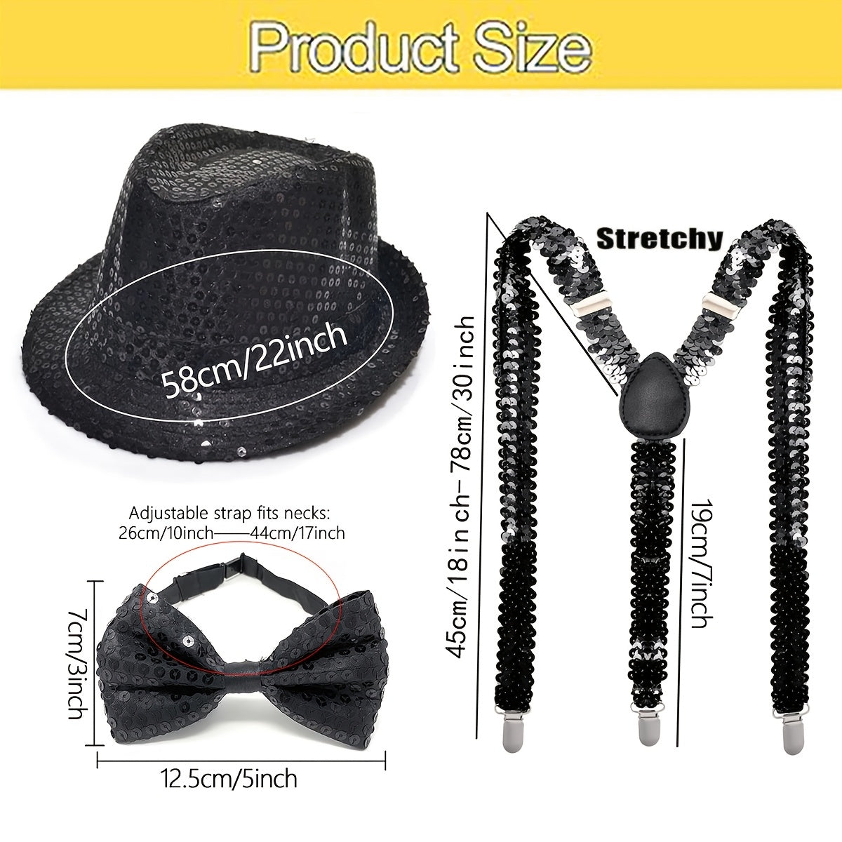 Set of Three Disco Sequin Fedora Hats for 70s Retro Party Costume Accessories