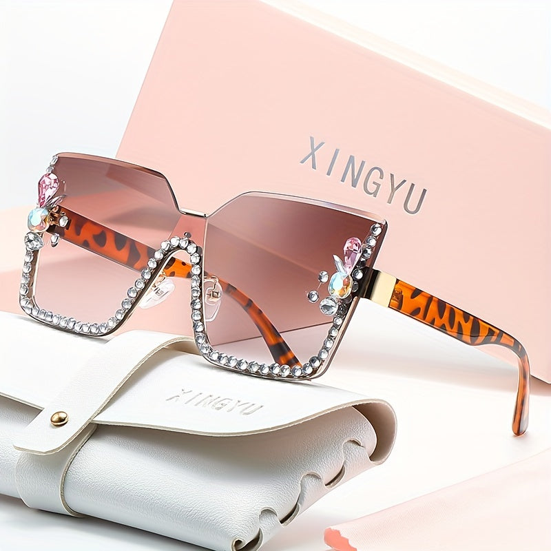 Large Square Rimless Sunglasses with Rhinestones and Gradient Lenses for Women