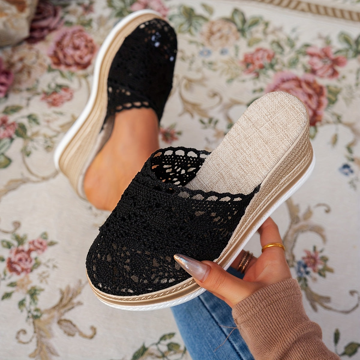 Women's Bohemian Slip-On Sandals with Cushioned PU Sole and Lace Cutouts