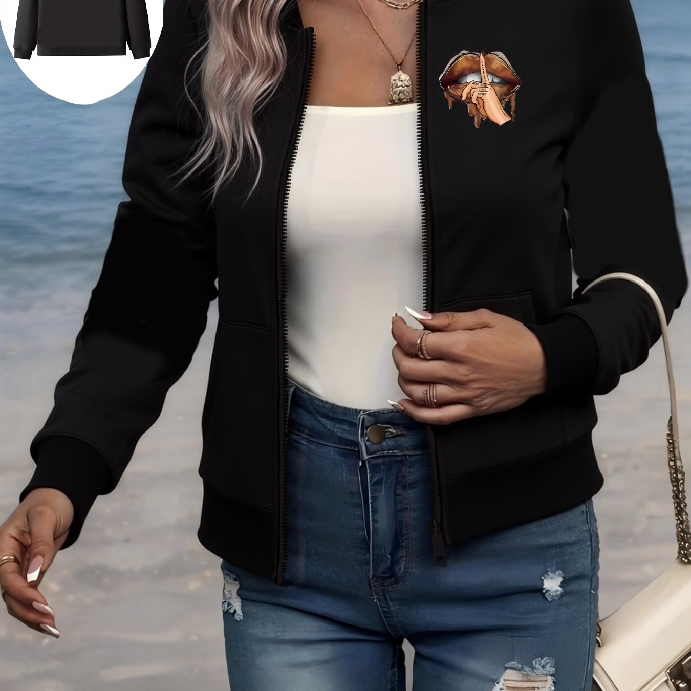 Plus Size Women's Casual Baseball Collar Zip Up Jacket with Letter Print