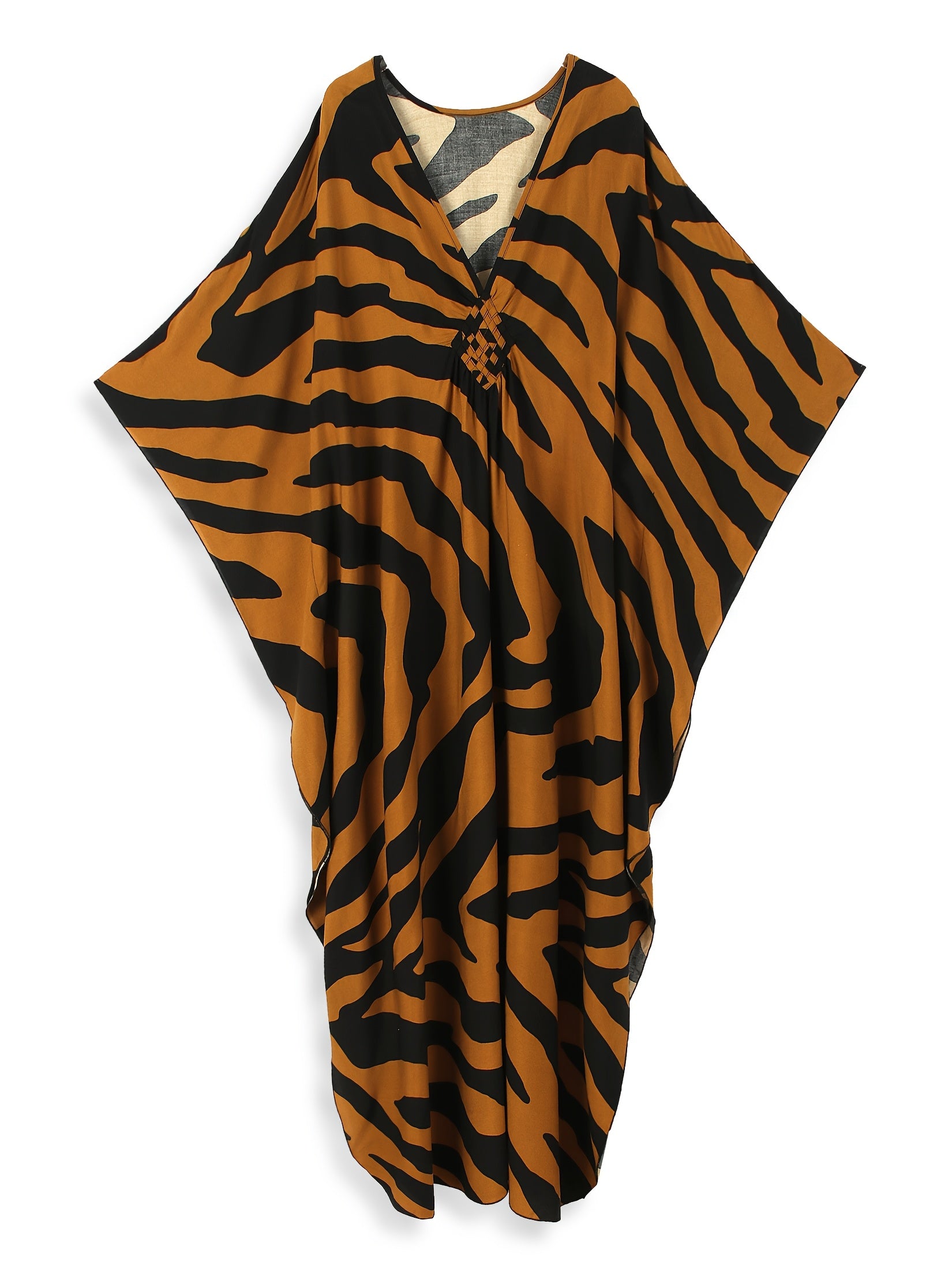 Women's Brown Zebra Print V-Neck Abaya Maxi Dress with Side Slit