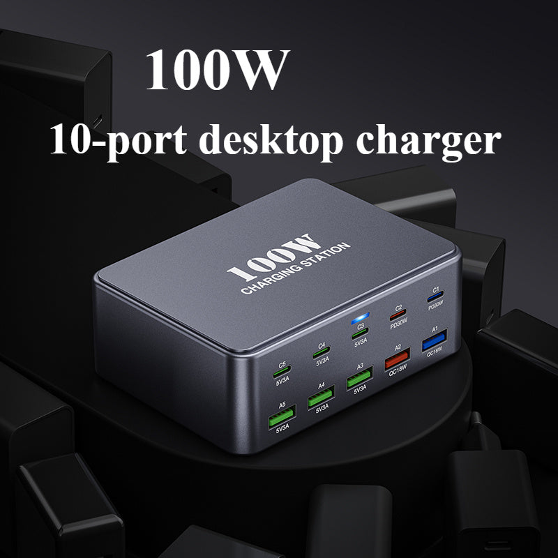Cargador rápido USB C 100W GaN, concentrador de 10 puertos para iPhone, iPad y dispositivos Samsung