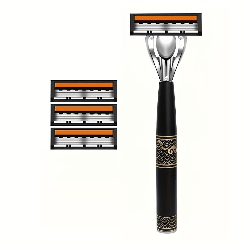 Juego de maquinillas de afeitar manual de acero inoxidable de 3 capas para hombres con hojas de repuesto
