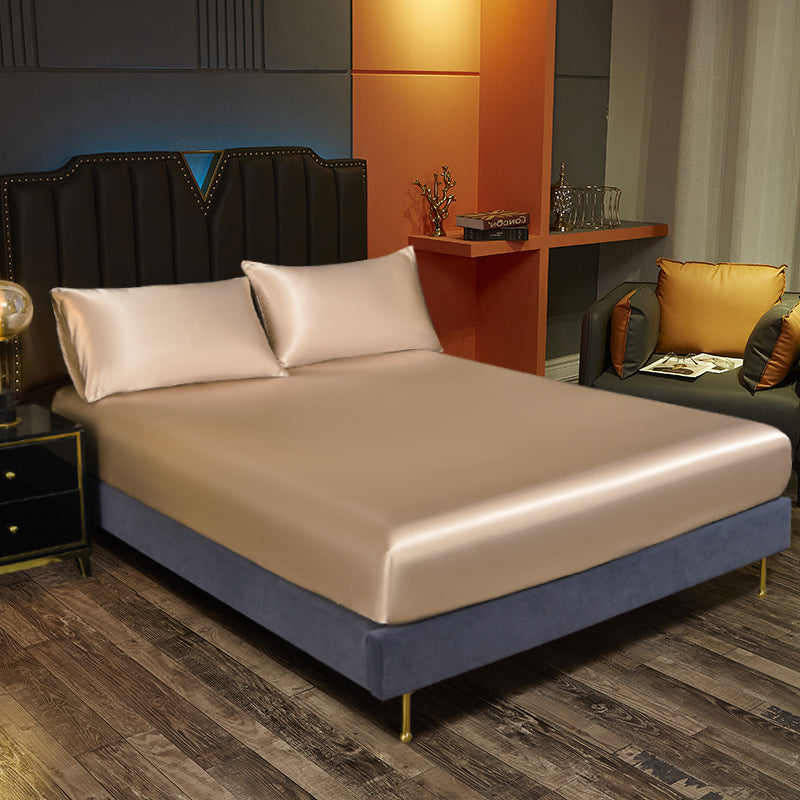 Satin Bedding Set 3 Pieces Fitted Sheet and Pillowcases Solid Color