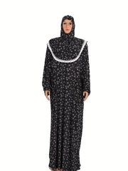 Plus o'lchamdagi musulmon abaya kiyimi ro'ba - modest gul bosma uzun qo'lqopli kiyim, yoping