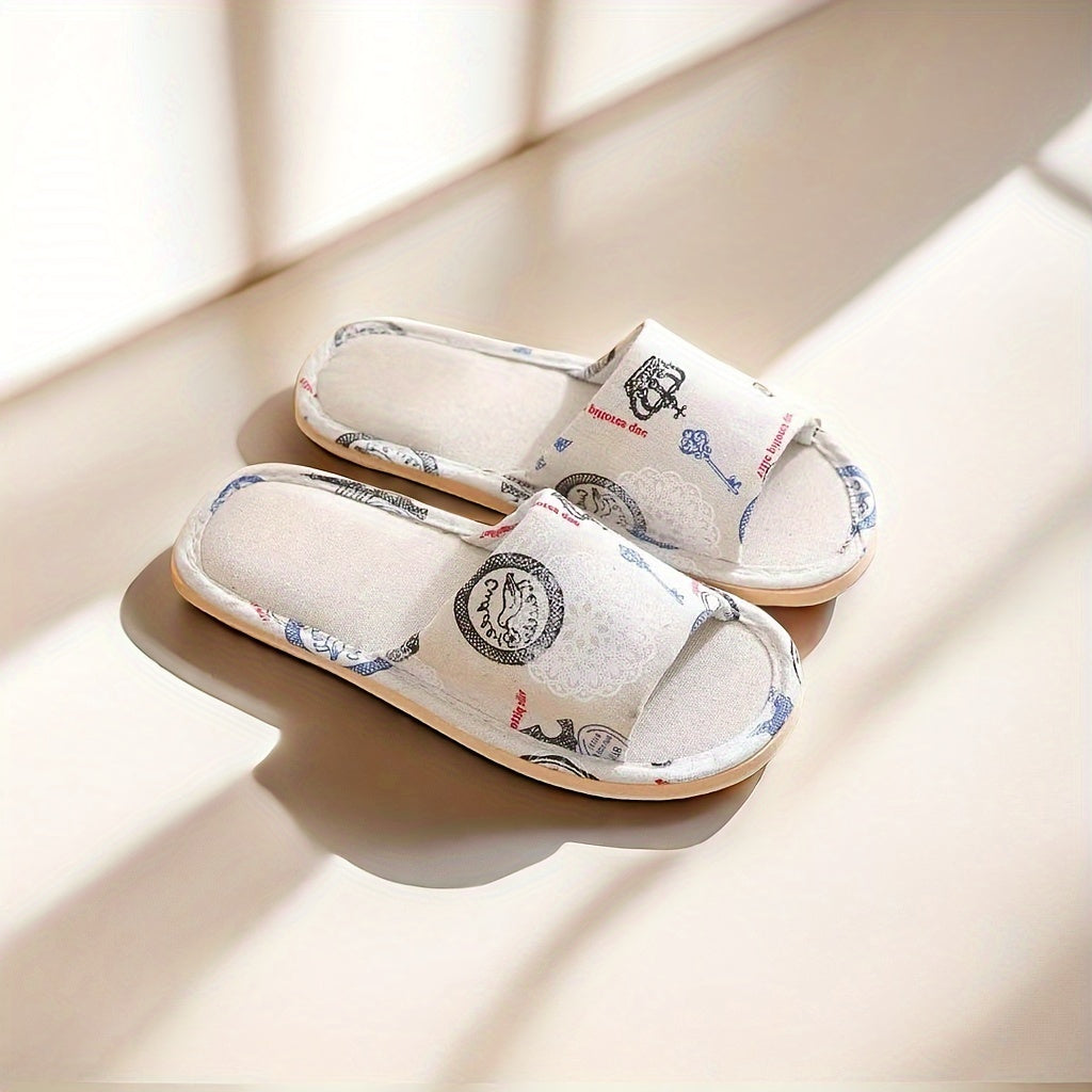 Women Flower Pattern Slippers Open Toe Linen Indoor Shoes