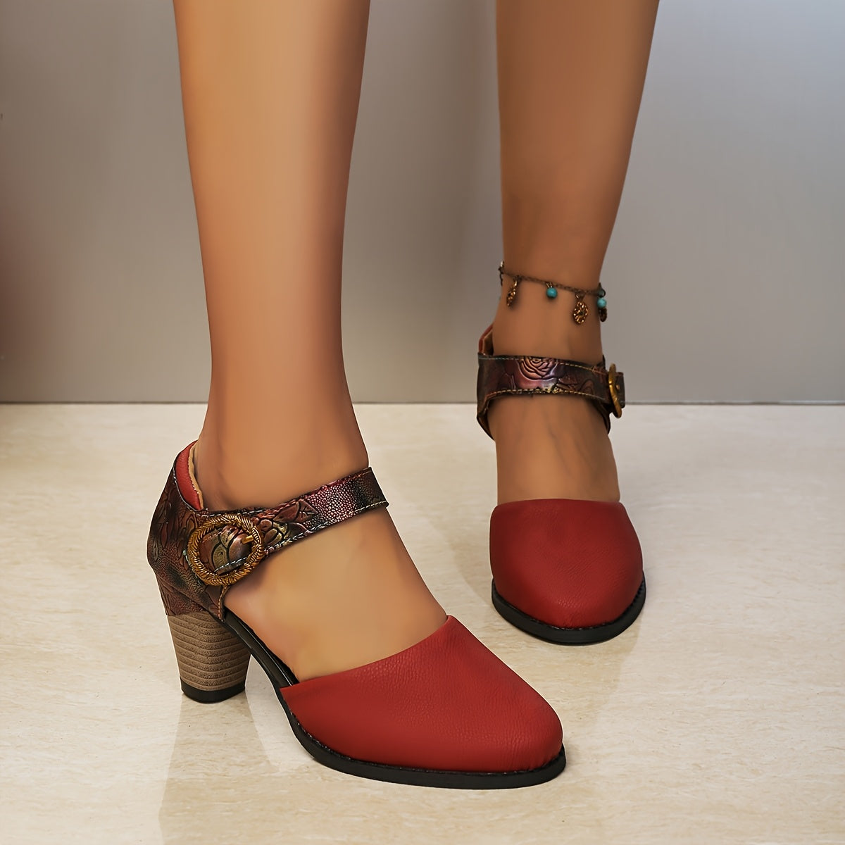 Women's Retro Print Fashion High Heel Round Toe Buckle Shoes