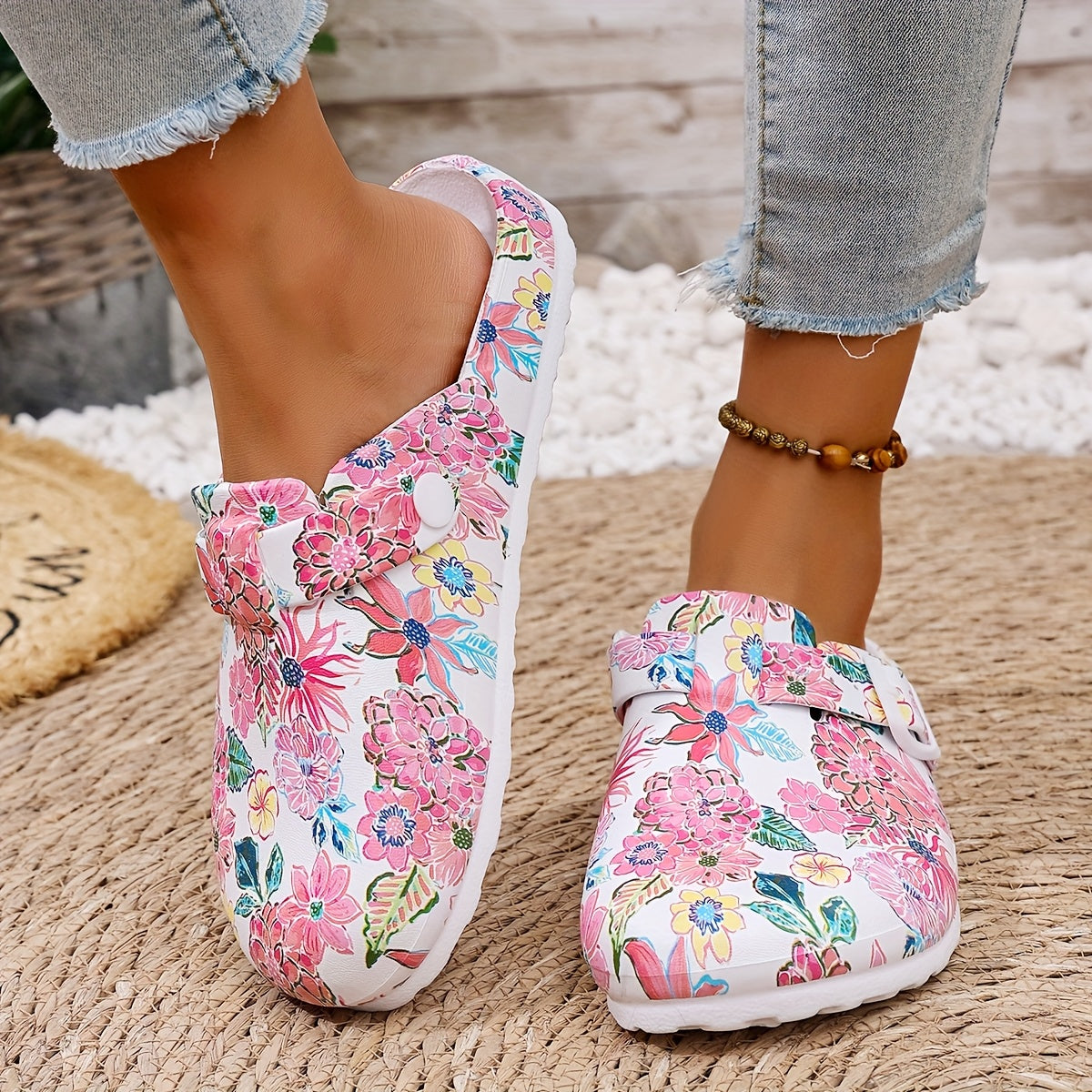 Women's EVA Floral Slide Sandals Pink Green Blue White Non-Slip Cushion