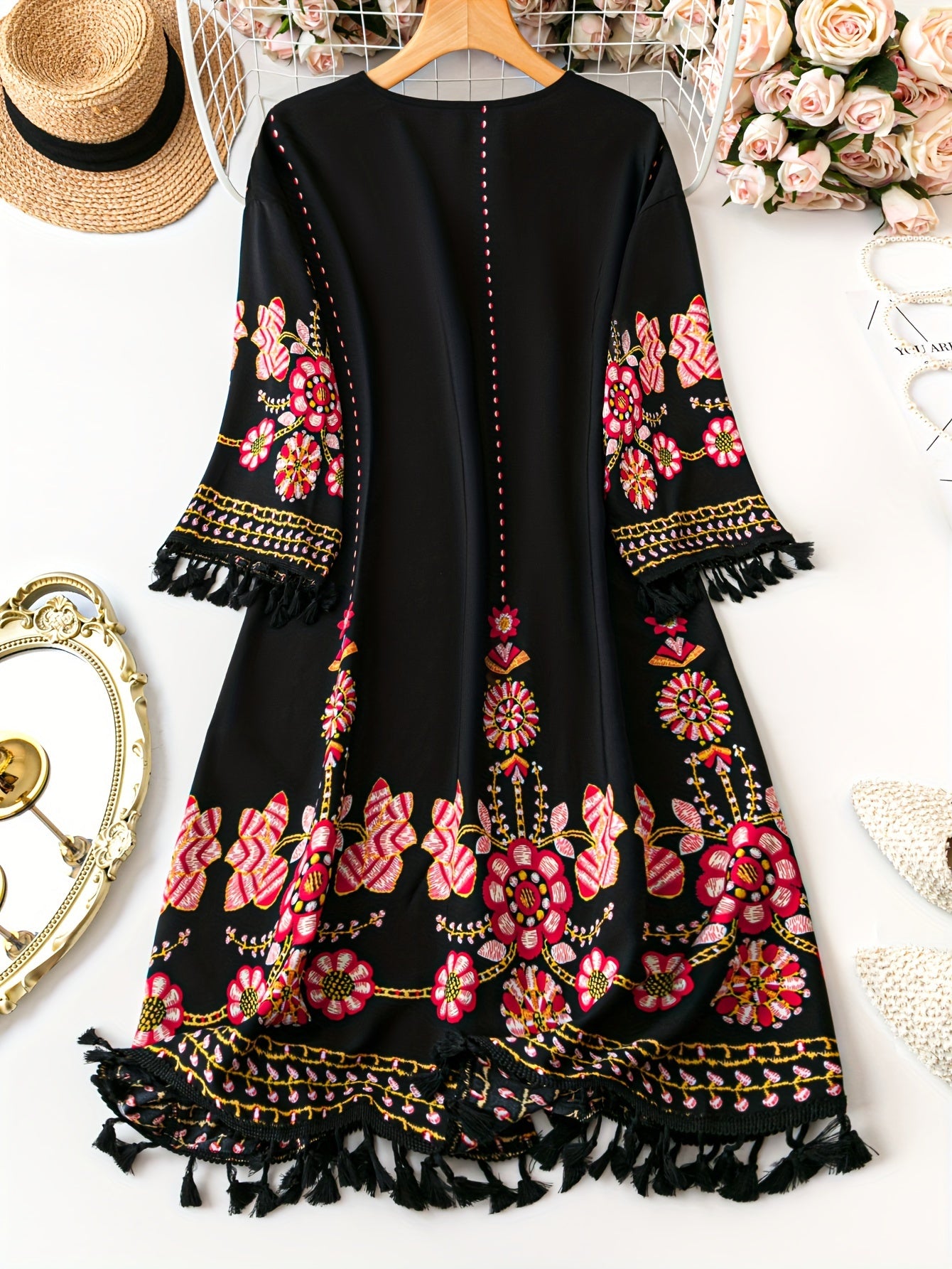 Plus Size Floral Sheer Polyester Tassel Cardigan for Spring Summer Women