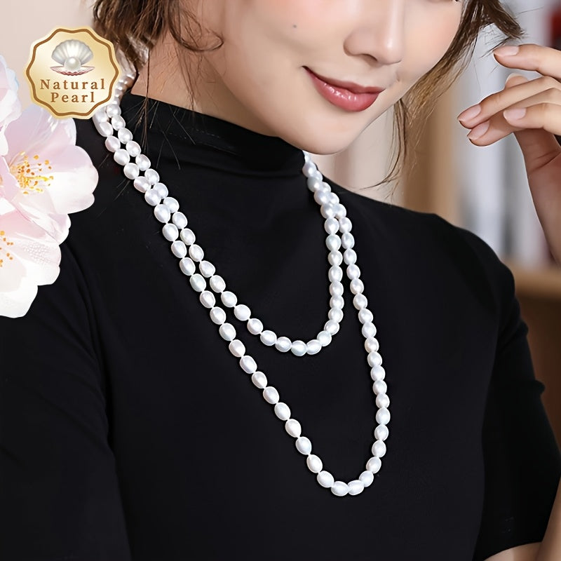 Women's Freshwater Pearl Necklace 8-9mm Rice-Shaped Natural Pearls 120cm Chain