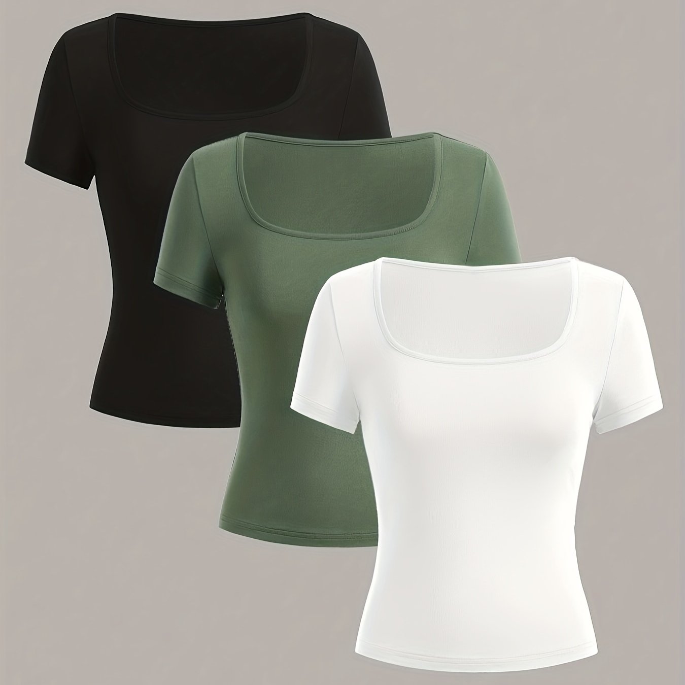 Set of 3 Women's Square Neck Short Sleeve T-Shirts Casual Sporty Polyester Black White Red