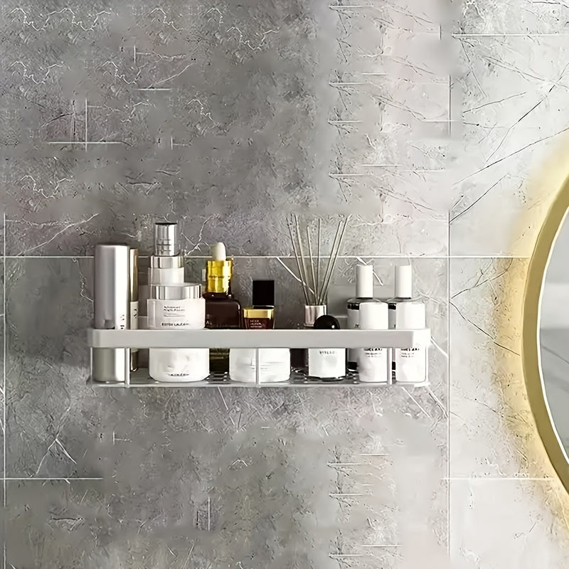 Wall-Mounted Bathroom Shelf Rack with Adhesive Shower Basket for Toiletries and Kitchen Storage