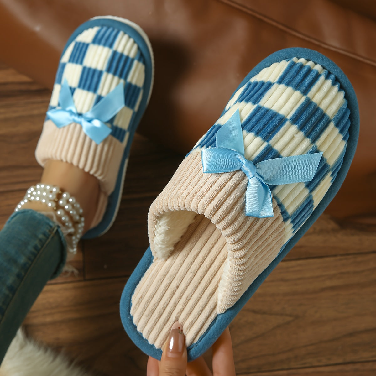 Unisex Checkered Knit Slip-On Slippers with Bow Indoor Comfort