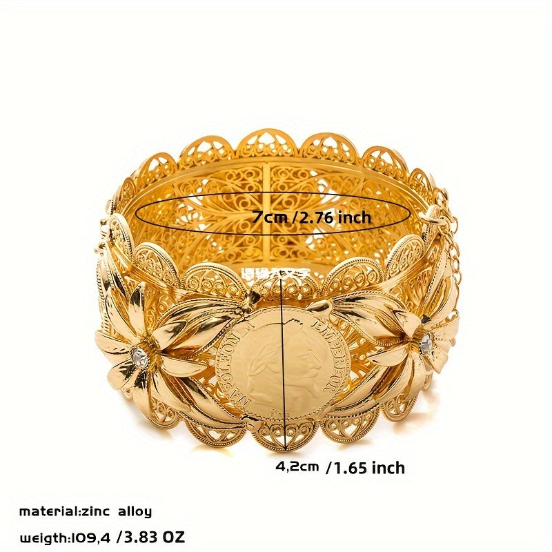 Gold-Plated Bridal Bangle with Floral and Coin Design for Women Wedding Party