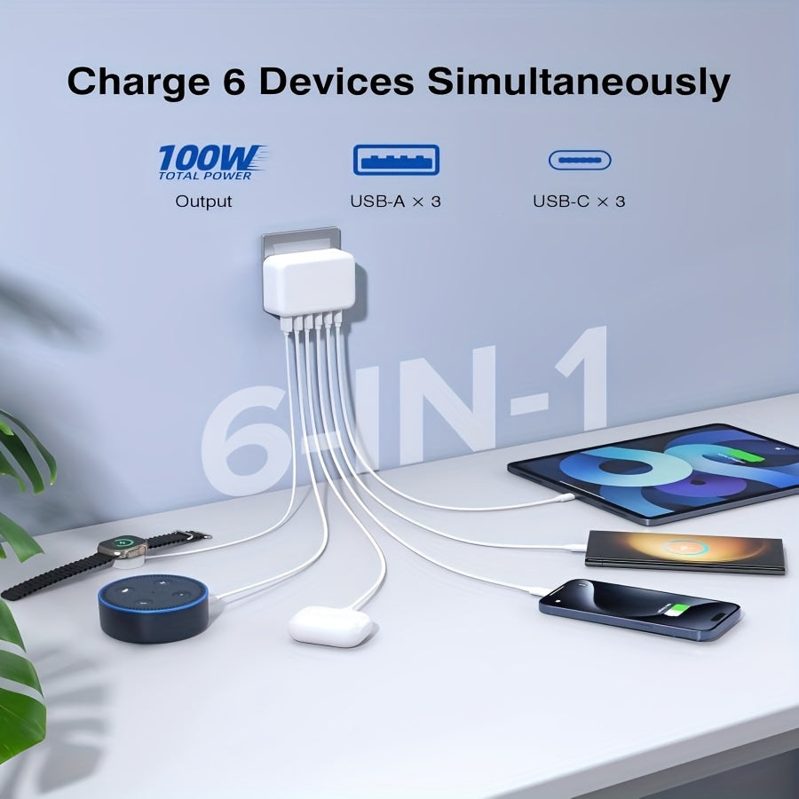6-Port 100W USB C Wall Charger with 6-In-1 Fast Charging for iPhone iPad Samsung and More