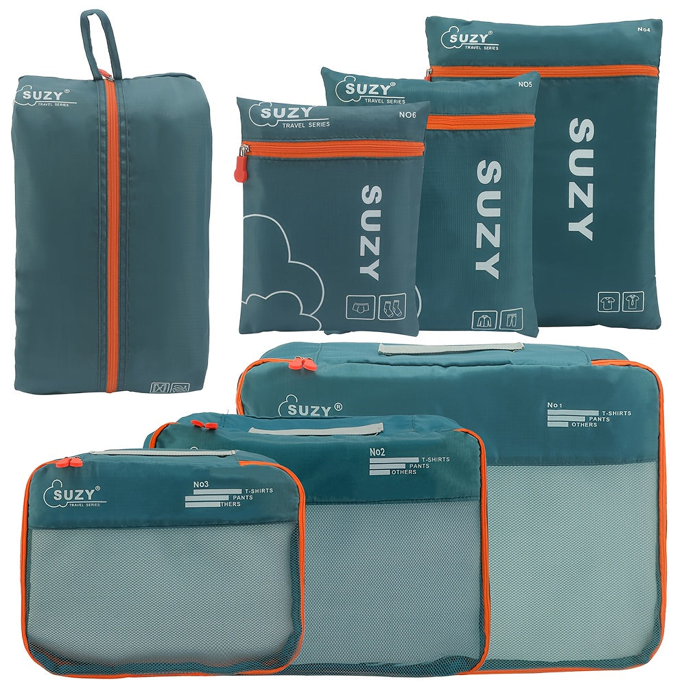7-Piece Navy Blue Polyester Packing Cubes with Orange Accents for Travel Luggage Storage