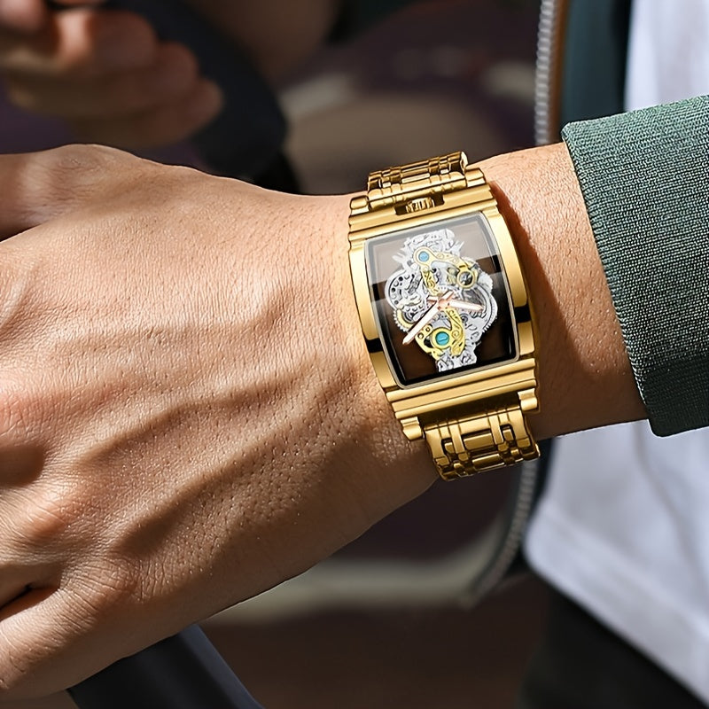 Luxury Men's Quartz Watch with Hollow-Out Stainless Steel Band and Luminous Dial