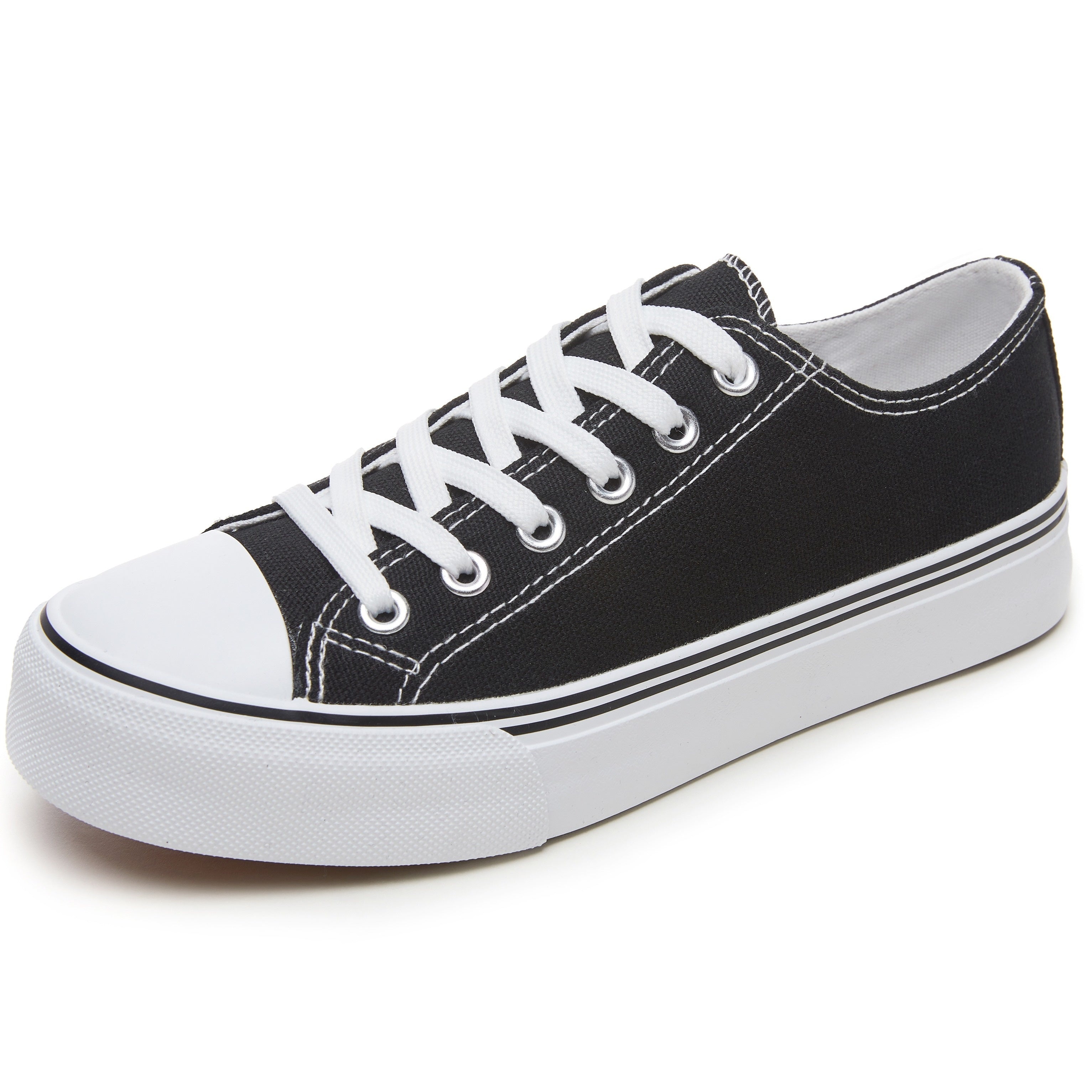 Women's Black and White Low Top Lace-Up Sneakers with Rubber Sole and Fabric Upper