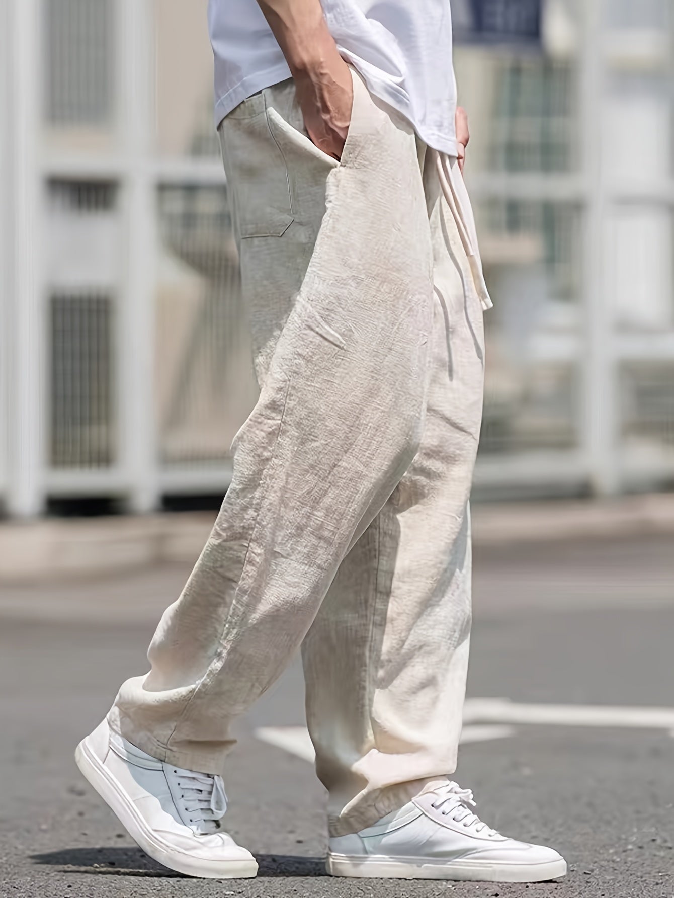 Men's Linen Drawstring Trousers Casual Loose Fit Solid Color All-Season