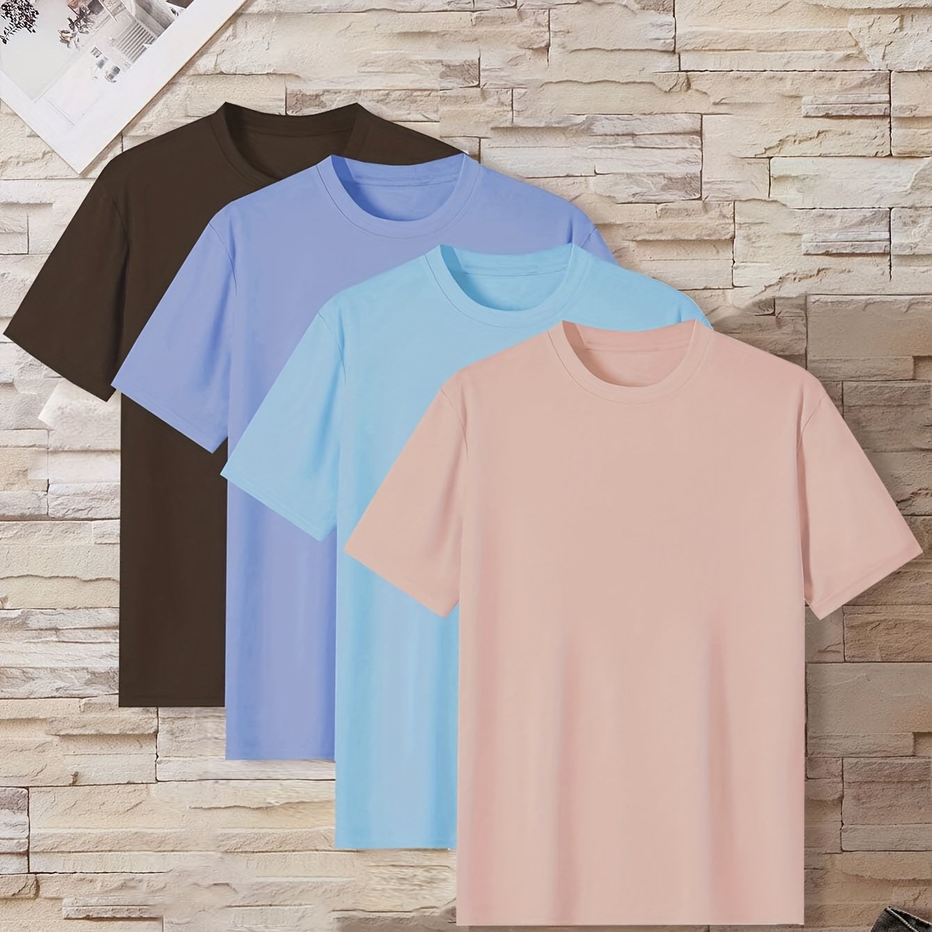Men's Short Sleeve T-Shirts Pack of 4 Solid Colors Casual Polyester Summer Crew Neck
