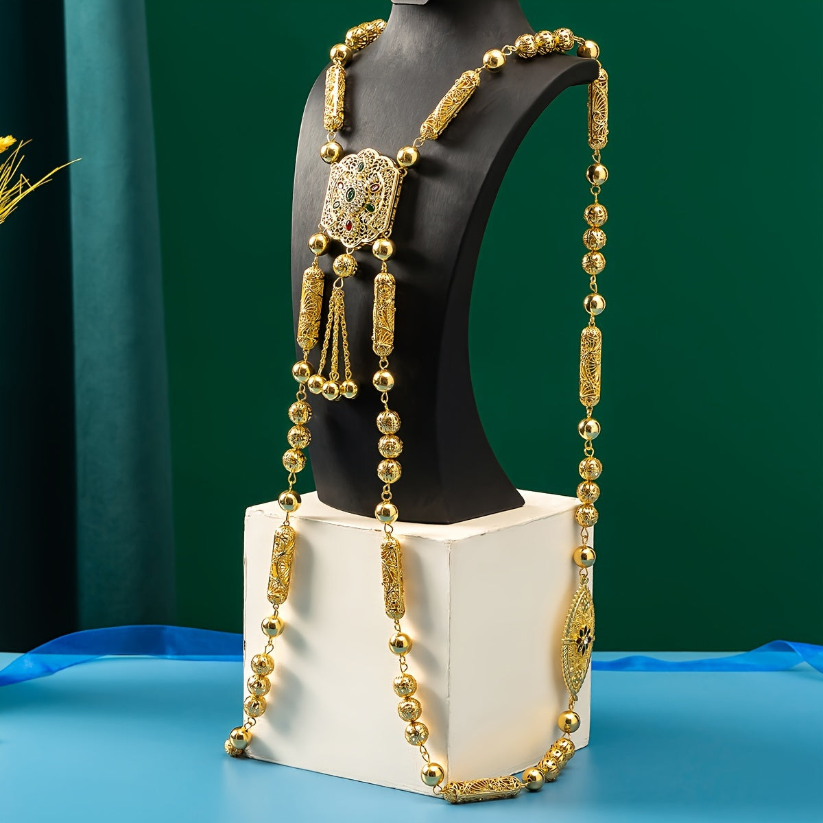 Gold Plated Arabian Body Chain with Flower Design Synthetic Stones for Weddings