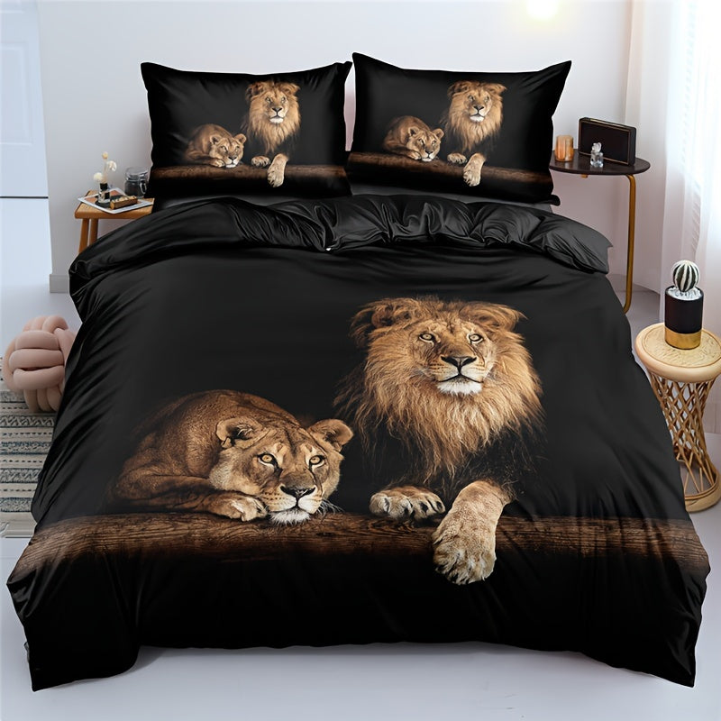 Lion Print Duvet Cover Set Soft Comfortable Bedding for Bedroom or Guest Room Includes 1 Duvet Cover and 2 Pillowcases