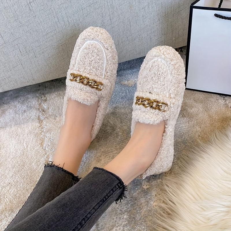 Women's Cozy Slip-On Winter Shoes with Golden Chain Black Beige Indoor Outdoor